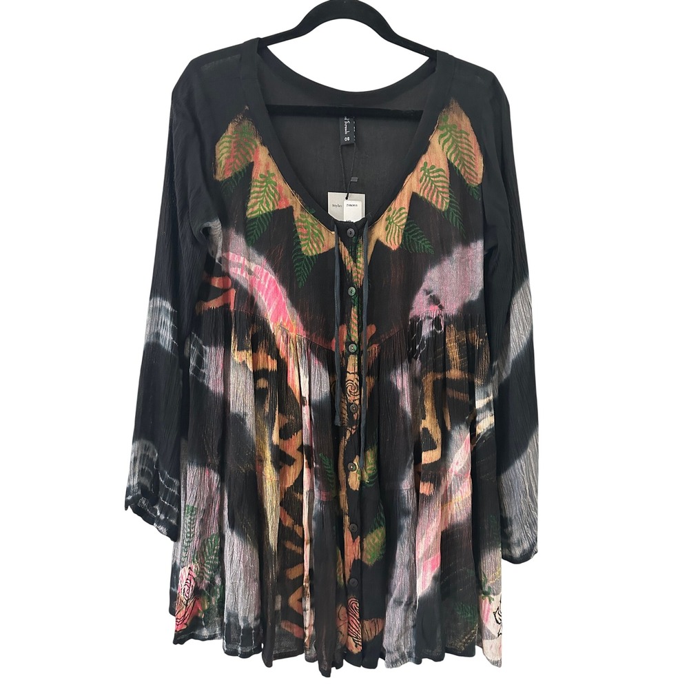 Sacred Threads Tie Dye Tropical Leaf Button Front Tunic Top OS Witchy Whimsicle